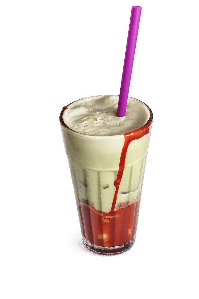 Neuer Matcha Latte mit Erdbeere im Glas, serviert bei Liquid Beans